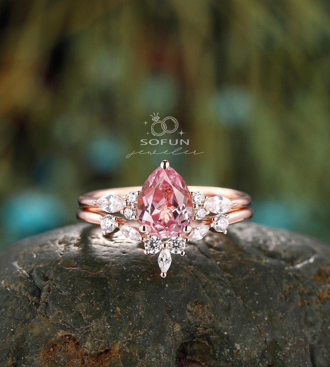 指輪・リング Pink sapphire Vintage Pear Cut Pink Sapphire Engagement Ring Set, 14K Rose Gold
