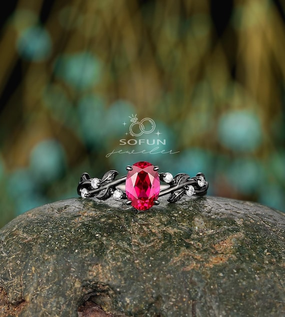 Black Gold Ruby Leaf Engagement Ring, Gothic Dark Oval Shape Ruby