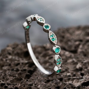Vintage Emerald Wedding Band, Unique Sterling Silver or 14K White Gold Emerald Matching Band, Art Deco Ring Enhancer, Emerald Straight Band