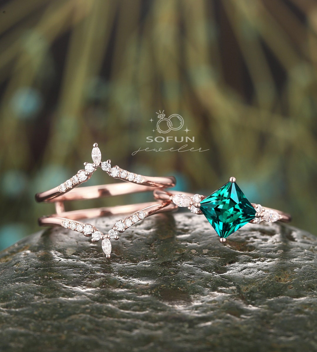 3PCS Vintage Princess Cut Emerald Engagement Ring Set, Unique Emerald Wedding Ring, 14K Rose