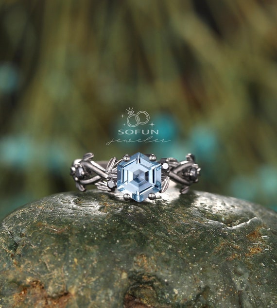 Unique Black Gold Hexagon Aquamarine Engagement Ring, Rhodium