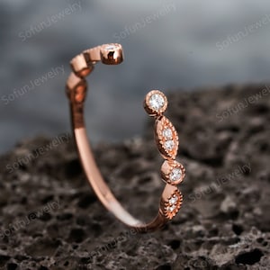 Vintage Open Gap Moissanite Wedding Band, Art Deco Engagement Matching Band, Half eternity 14K Rose Gold  Ring Enhancer, Stackable Ring Gift
