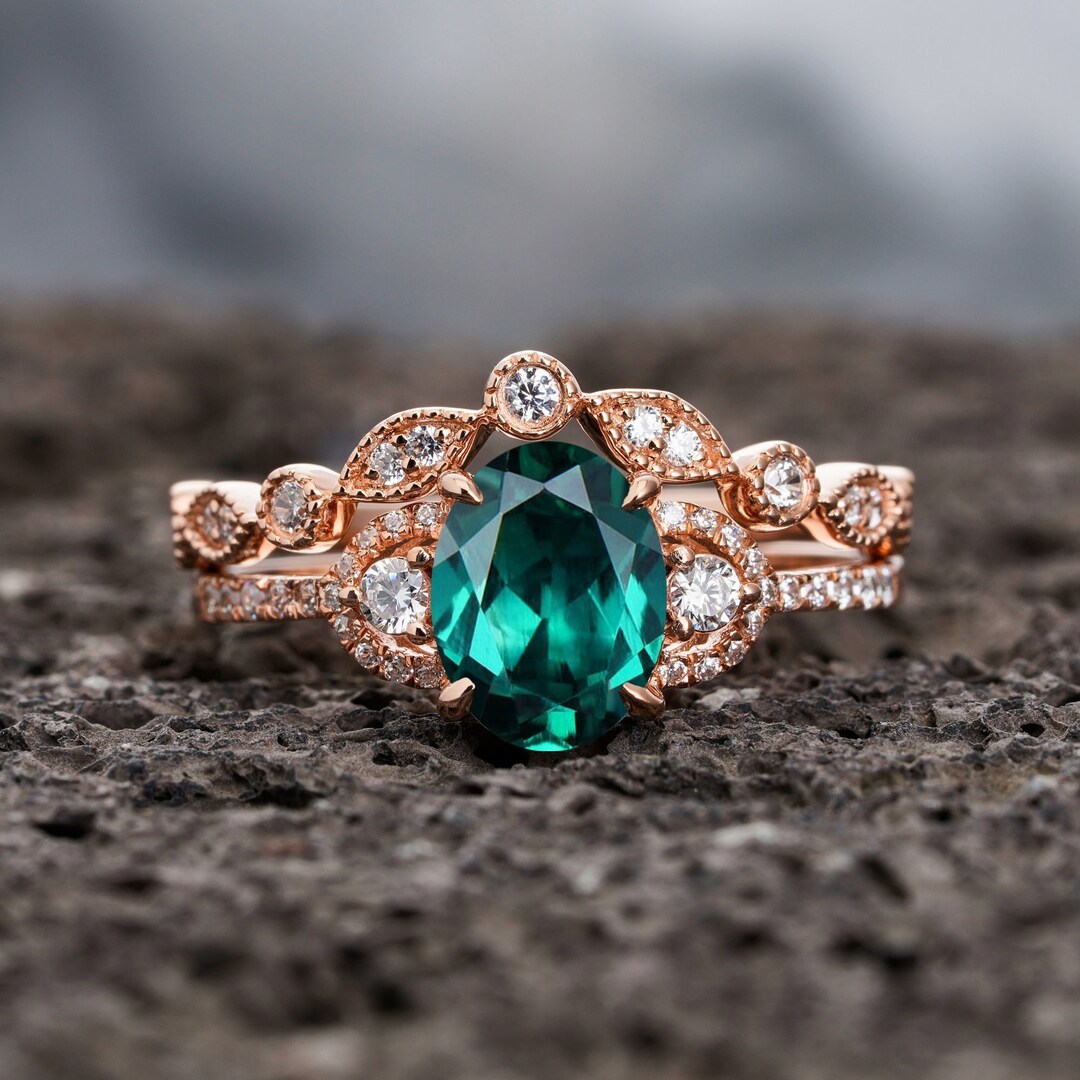 Vintage Oval Emerald Bridal Set, Unique May Birthstone and Diamond