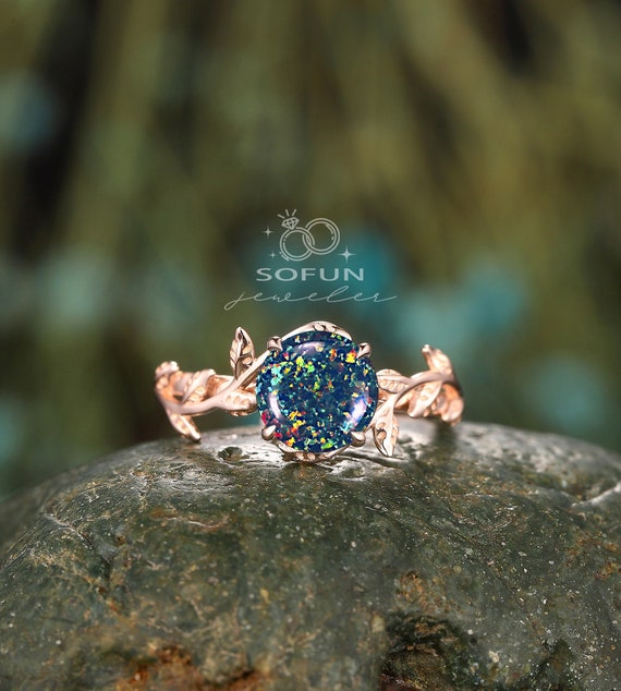 Vintage Black Fire Opal Solitaire Engagement Ring, Round Shape Mixed Color Opal Leaf Promise Ring, Twig Branch Anniversary Wedding Ring Gift