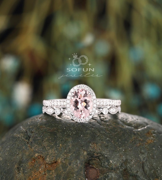 Platinum Oval Shape Natural Pink Morganite Bridal Set, Unique