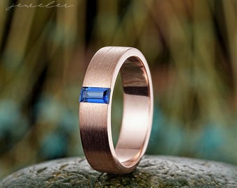 5mm Width Solitaire Blue Sapphire Men's Wedding Band, Brush Matching Band, Vintage Straight Band, Unique Rose Gold Secondary Ring for Him