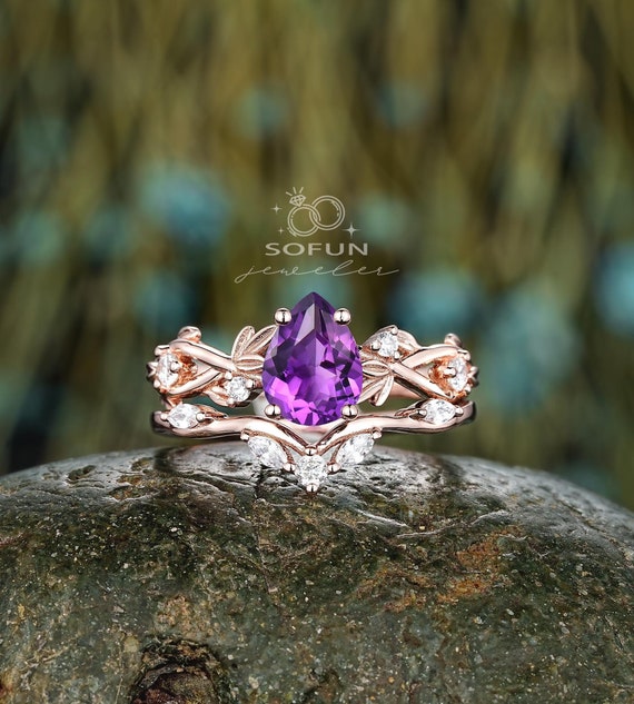 Vintage Pear Shape Amethyst Leaf Engagement Ring Set, Unique 14K