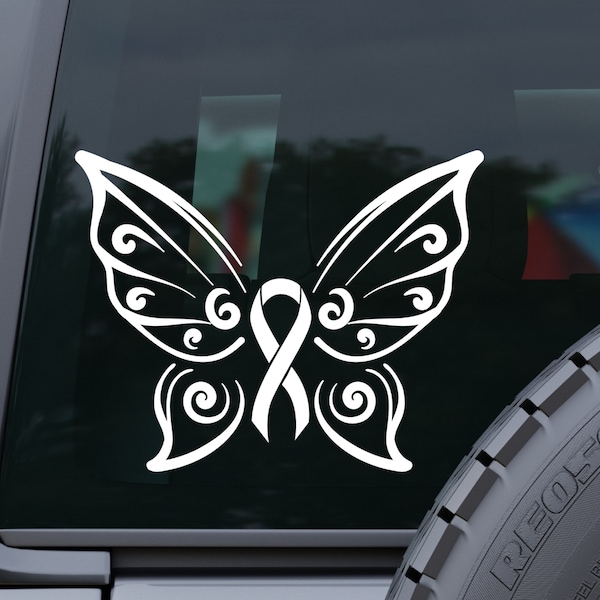 Lung Cancer Awareness Decorative Butterfly and Ribbon Vinyl Decal Sticker for Car, Truck, Crafts, or Laptop