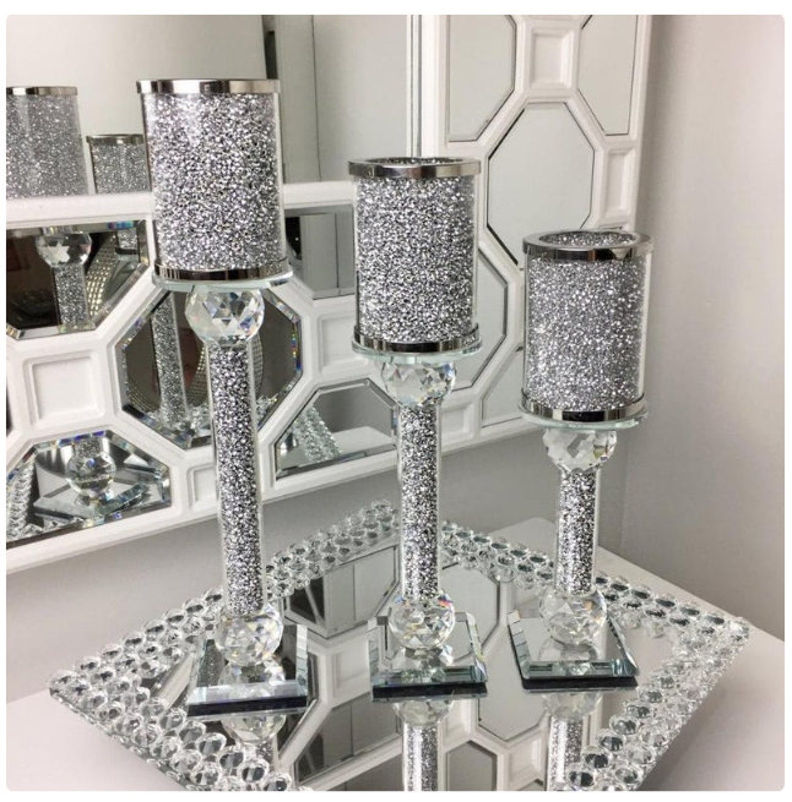Tier Silver Crushed Diamond Crystal Filled Candle Holder Home Etsy