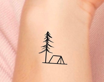 May include: A simple black line drawing of a pine tree and a tent on a white background.