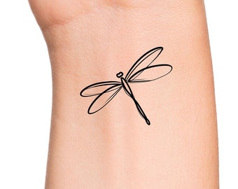 May include: A simple line drawing of a dragonfly tattoo on a person's wrist.