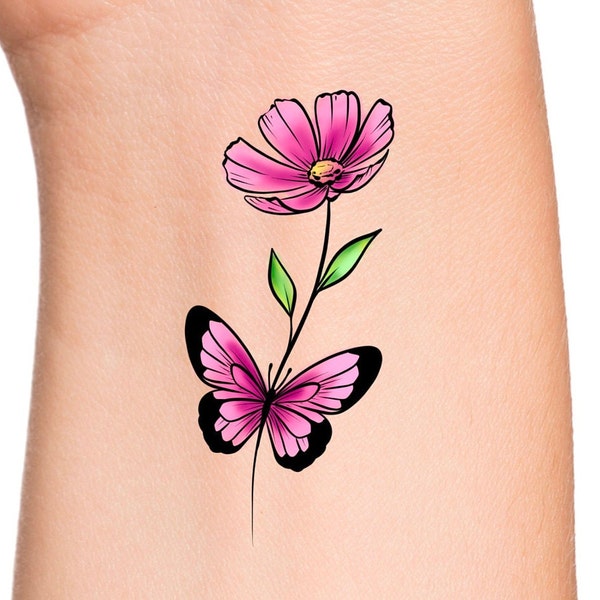 Pink Butterfly Flower Temporary Tattoo