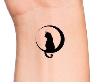 Crescent Moon Cat Temporary Tattoo
