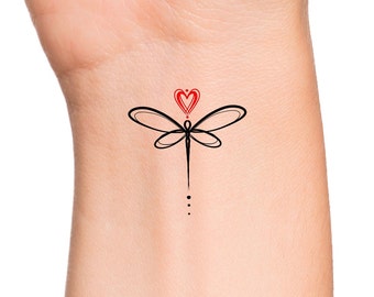 Dragonfly Heart Temporary Tattoo / red heart tattoo