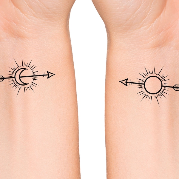 Matching Arrow Sun and Moon Temporary Tattoo