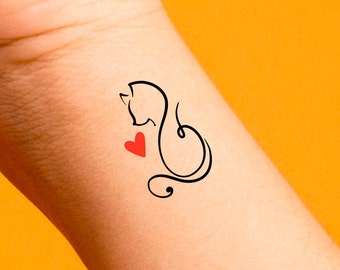 Cat and Red Heart Temporary Tattoo