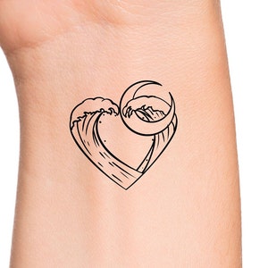 Wave Heart Crescent Moon Temporary Tattoo