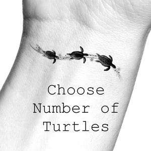 May include: Black and white image of three sea turtles swimming in a line. The text "Choose Number of Turtles" is below the turtles.