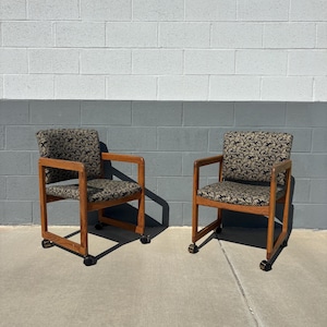 Shipping NOT Free- Pair of Vintage Leaf Upholstery and Wood Rolling Chairs MCM Mid-Century Art Deco Styles