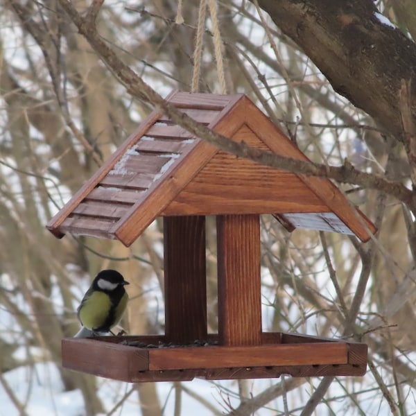 Mangeoire à oiseaux en bois à suspendre, maison d'oiseaux faite main Mangeoire à écureuils Mangeoire à oiseaux pour l'extérieur Mangeoire à oiseaux de table