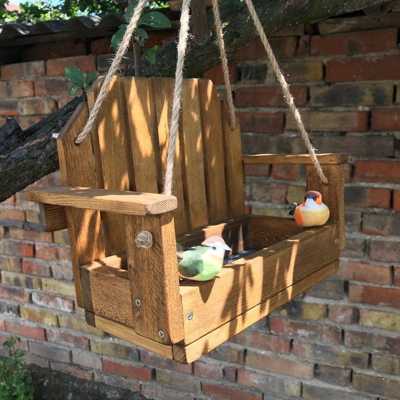Swing Seat Wood Bird Feeder Handmade Wooden Hanging Garden Etsy