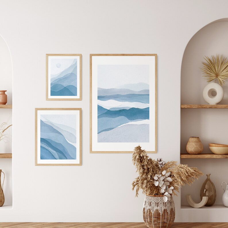 Set of 3 Abstract Blue Wall Art Ocean Watercolour Boho Etsy