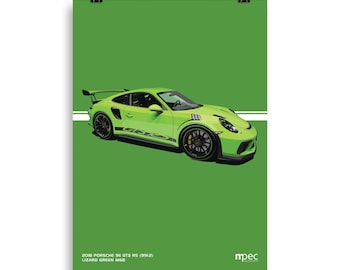 Illustration Poster Porsche 911 GT3 RS Lizard Green, 2018, Portrait 50cm x 70cm