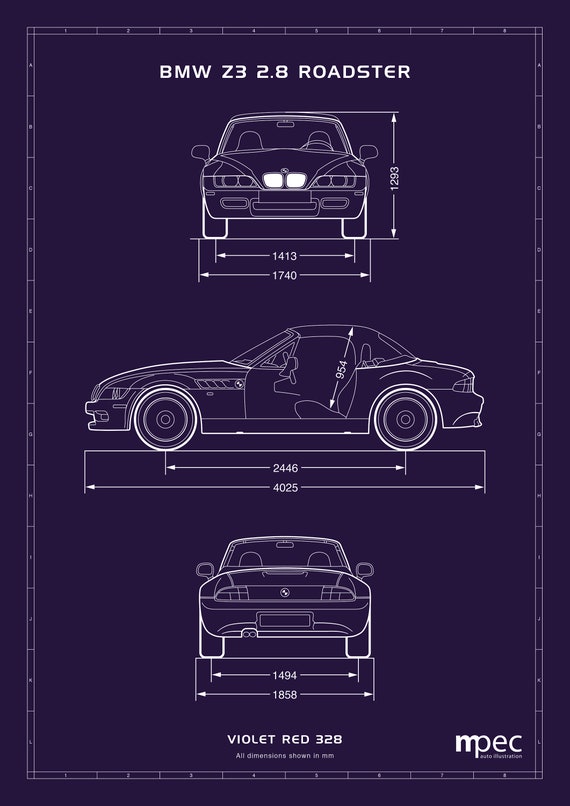 BMW Z3 2.8 Roadster Blueprint Art Print: Automotive Illustration