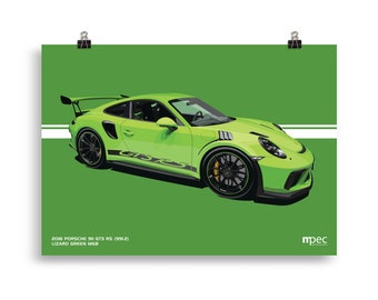 Poster Illustration Porsche 911 GT3 RS Vert Lézard, 2018, Paysage 70 cm x 50 cm