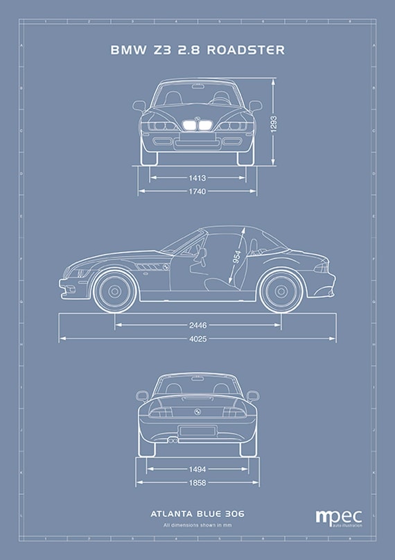 BMW Z3 2.8 Roadster Blueprint Art Print: Automotive Illustration