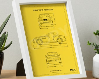 May include: Line drawing of a BMW Z3 M Roadster in Dakar Yellow 337. The drawing shows the car from the front, side, and rear views with measurements in inches.