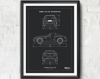 May include: A black and white line drawing of a BMW Z3 2.8 Roadster with dimensions labeled in inches. The car is shown from the front, side, and rear views. The text "BMW Z3 2.8 Roadster" and "COSMOS BLACK 303" is also included in the image.
