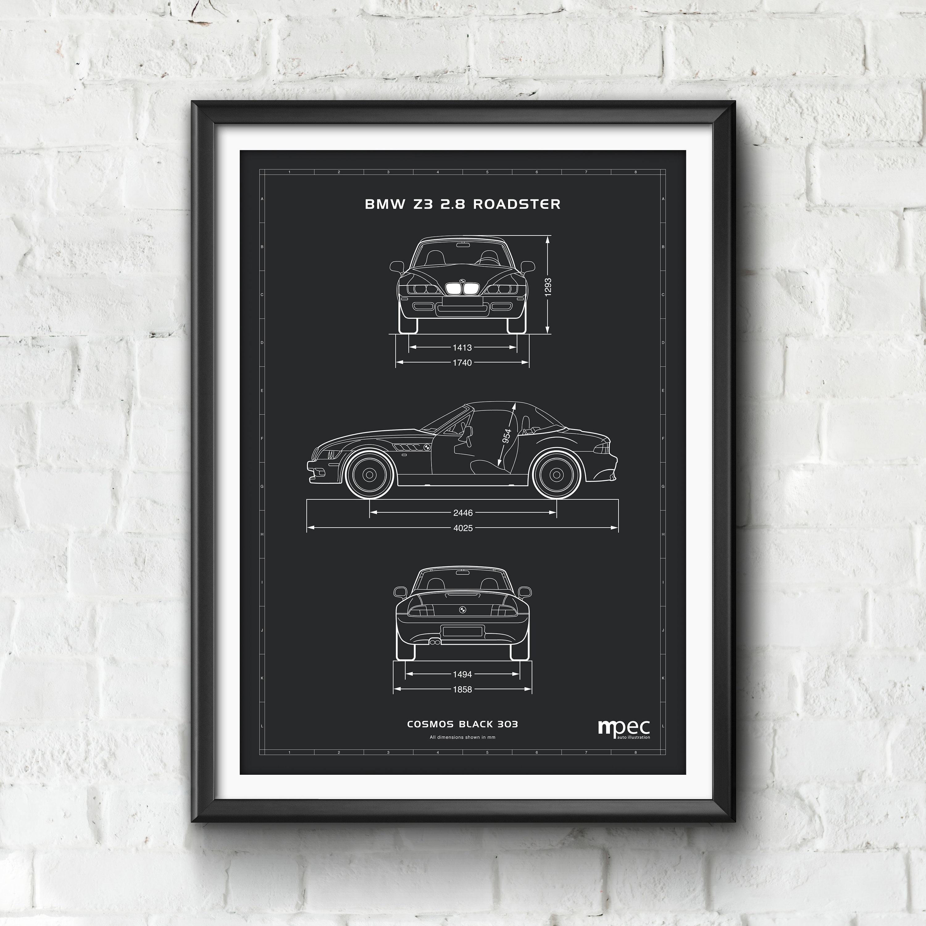 BMW Z3 2.8 Roadster Blueprint Art Print: Automotive Illustration