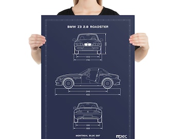 Large BMW Z3 2.8 Technical Illustration Poster Montreal Blue 50cm x 70cm