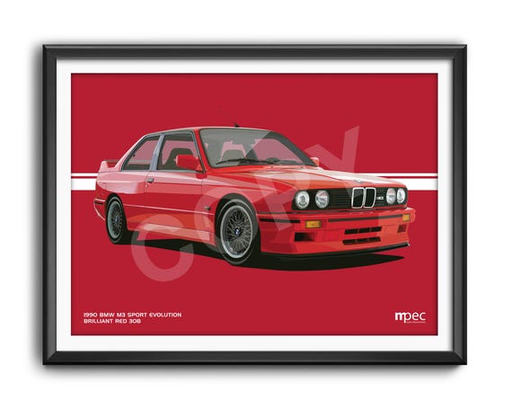 Illustration 1990 BMW E30 M3 Brilliant Red - Landscape Poster 70cm
