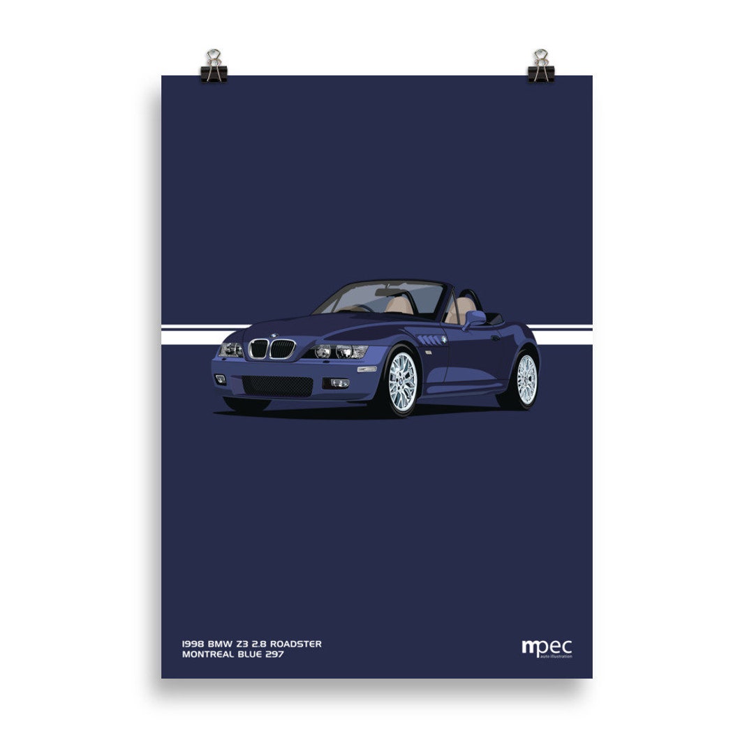Poster Illustration BMW Z3 2.8 Roadster in Montreal Blue Portrait 50cm ...