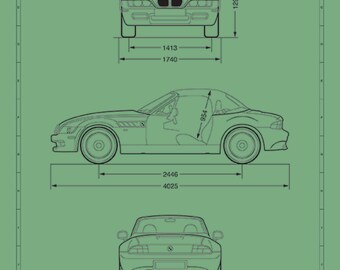 BMW Z3 2.8 Roadster Blueprint Art Print: Automotive Illustration