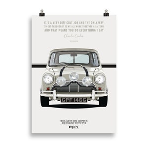 The Italian Job White 1969 Austin Mini Cooper S Portrait Poster with quote