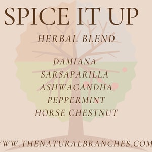 May include: A beige graphic with the text "SPICE IT UP" in brown. Below, it lists "HERBAL BLEND" and several herbs: Damiana, Sarsaparilla, Ashwagandha, Peppermint, and Horse Chestnut. The website address is at the bottom.
