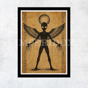 Alien Egyptian Wall Art – Ancient Alien Sci-Fi Digital Print, Cosmic Pharaoh Hybrid Artwork