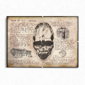 Andover Vampire Skull Print, Gotycka sztuka kryptydów, Historyczna mitologia, Ciemna dekoracja ścienna, Wyjątkowy prezent dla entuzjastów wampirów