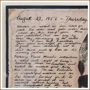 May include: A close-up of a handwritten journal entry dated 23 August 1956. The entry discusses the weather, a new song on the radio, and a trip to a museum. The text is written in cursive on aged paper.