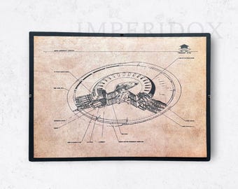 UFO Blueprint Art Print - Vintage Flying Saucer Poster - Retro Alien Technology Diagram - Imperidox Original Artwork