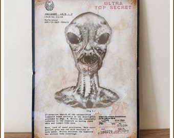 Wright Patterson Alien Print, Hangar 18 print, UFO aged print, Alien UFO print, Top Secret Aged Reproduction Print, UFO print