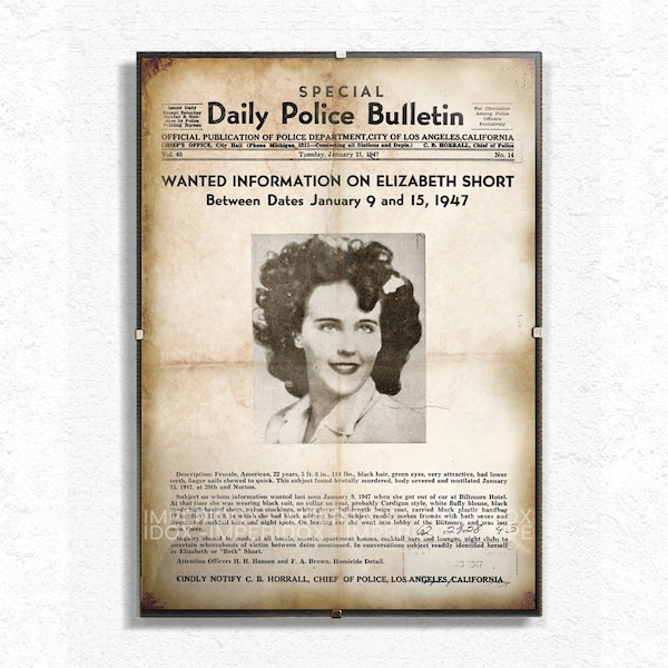 Black Dahlia Poster| Elizabeth Short Police Poster | Aged Reproduction Police Poster