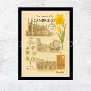 Cambridge Print – Vintage City Illustration, Historic Architecture Wall Art, Cambridge University & River Scene Décor