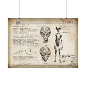 May include: A vintage-style document titled ULTRA TOP SECRET featuring a sketch of a grey humanoid figure, two detailed head portraits, and a map diagram. The paper has a sepia-toned, aged appearance with printed text detailing an incident report.