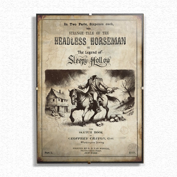 Headless Horseman Print, Legend of Sleepy Hollow Art on Aged Paper, Mysterious and Vintage
