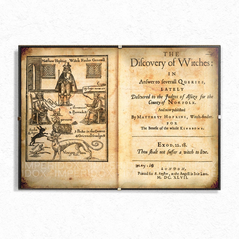 Puede incluir: Una portada de libro vintage con una ilustraci&oacute;n de un buscador de brujas y un extracto de texto de "The Discovery of Witches" de Matthew Hopkins, publicado en 1647. El texto dice "Thou shalt not suffer a witch to live."