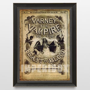 Puede incluir: Una portada de libro vintage ilustrada con un vampiro esquelético con una capa oscura con capucha. El título dice "Varney the Vampire or the Feast of Blood." La portada está envejecida y tiene un aspecto desgastado y antiguo.
